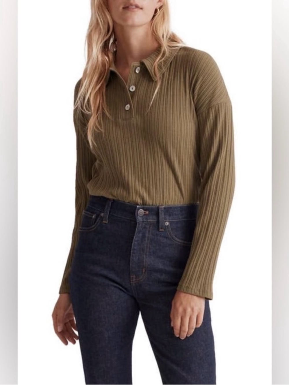 Madewell Ribbed Polo Long-Sleeve Top in Olive